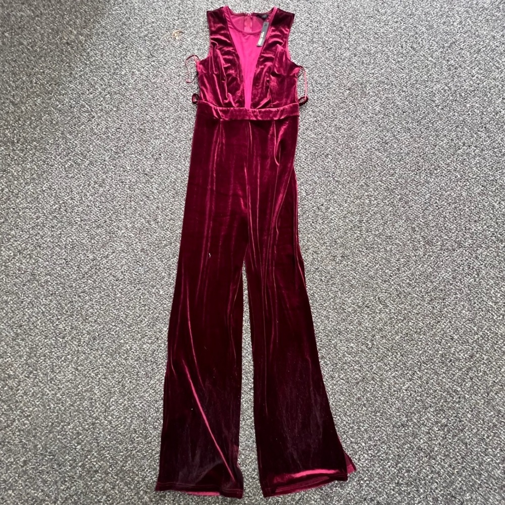 Miss Avenue Jumpsuit Womens Large Burgundy Velvet Wide Leg Deep V Mesh NWT